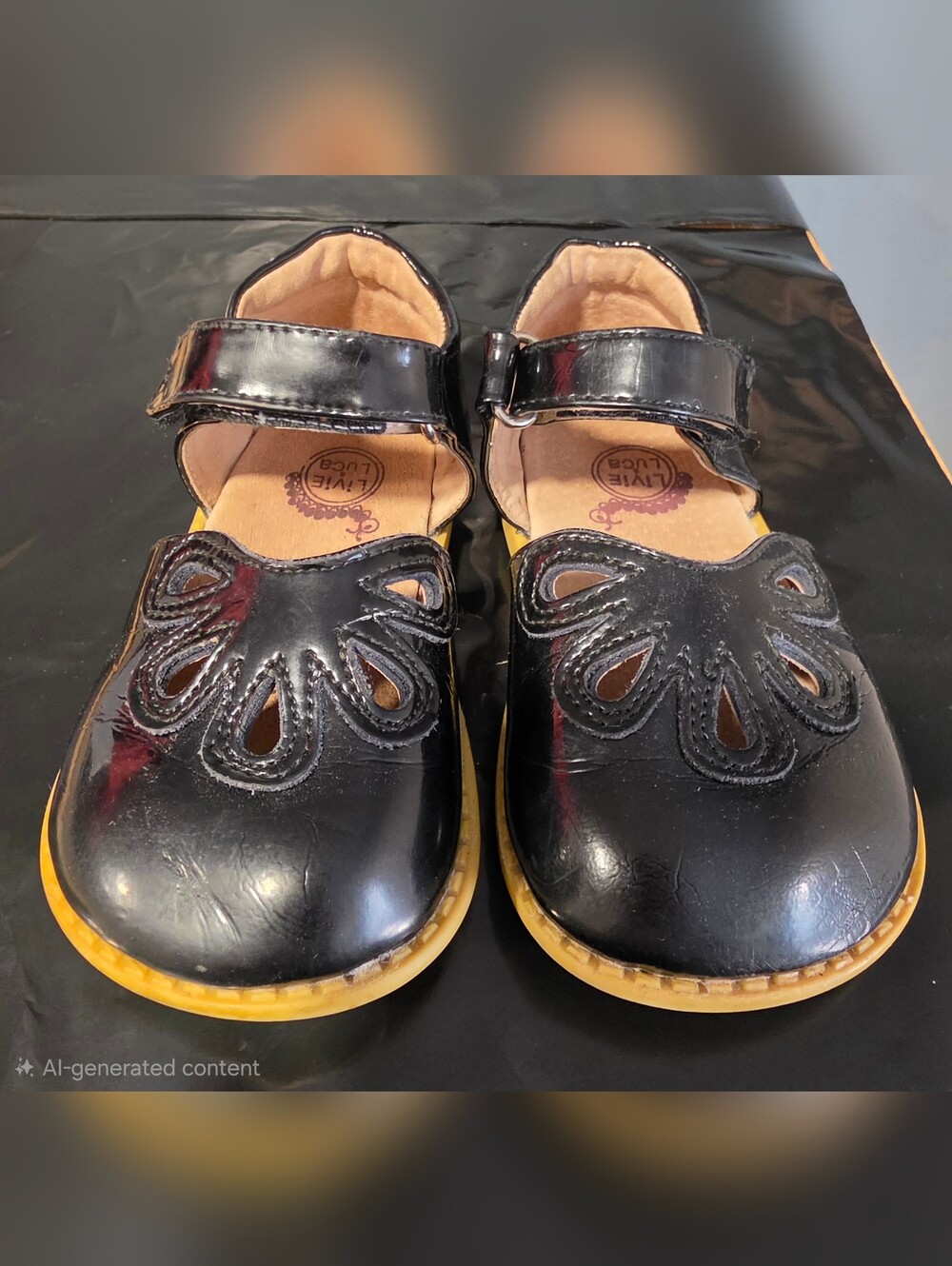 Livie & Luca Black Patent Leather Floral Cutout Mary Jane Shoes Girl's Size 7